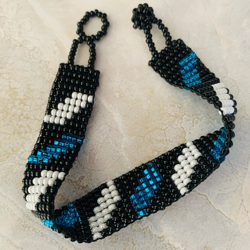 Hand Crafted Black White and Blue Seed Beaded Bracelet